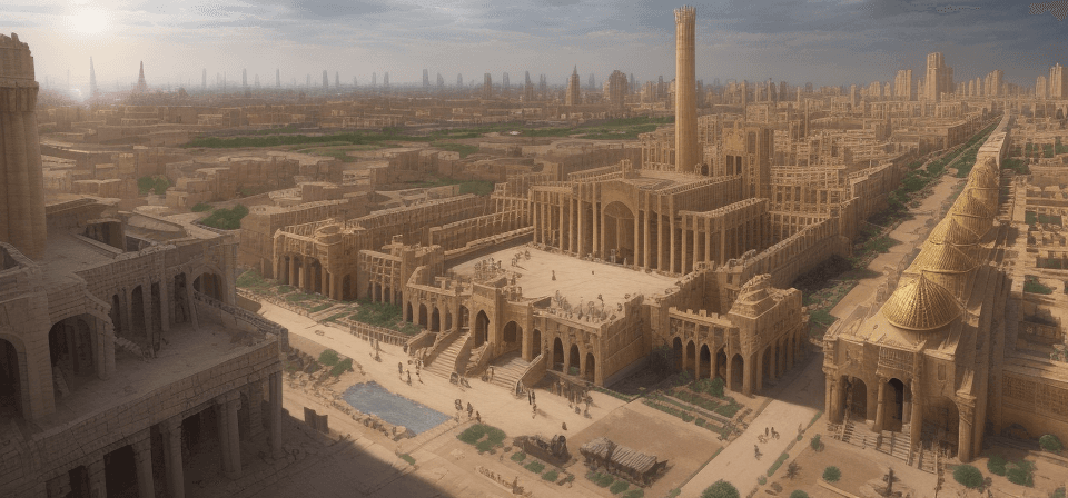 AI generated: Depict the city of Babylon in an ancient setting, showcasing its architecture and bustling streets w...