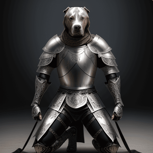 AI generated: kneeling dog pitbull knight, portrait, finely detailed armor, intricate design, silver, silk, cinema...