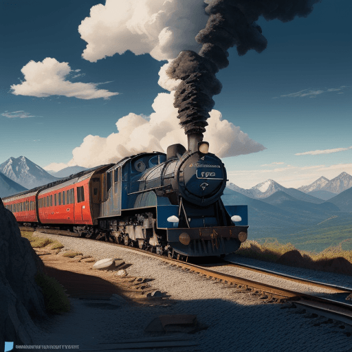 AI generated: railway company logo, "La Compagnie", locomotive, tracks mountains, clouds, round shape, dark blue c...