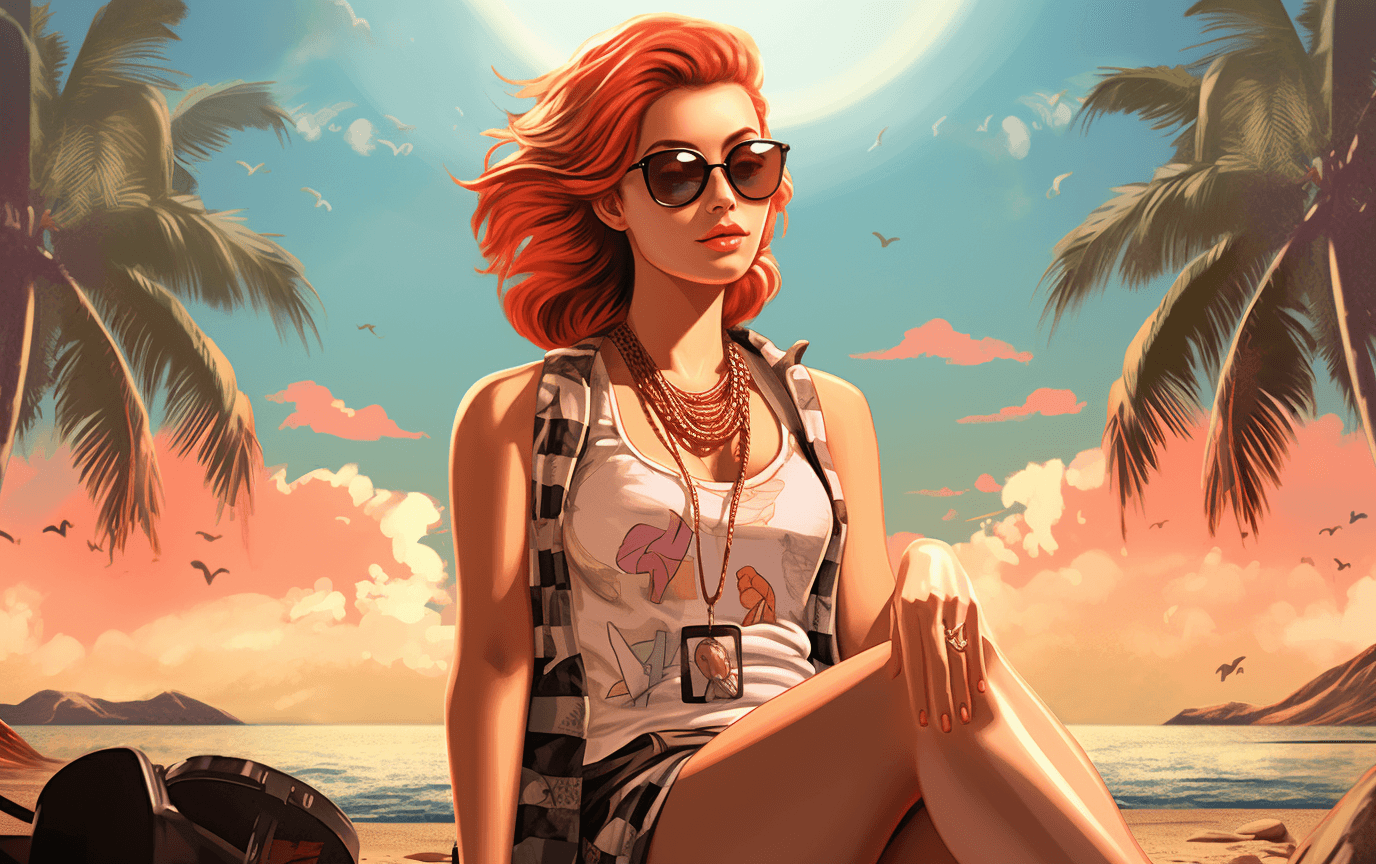 AI generated: The beach portrait stock image, portrait beach, lady sitting, in the style of anime - inspired chara...
