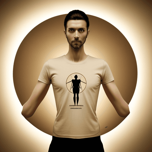 AI generated: Realistic round shield shape logo((( a beautyful vitruvian man in radiotherapy treatment 
minimalist...