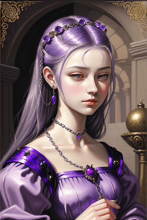 AI generated: oil painting, emperor's daughter, 16 years old, medieval ball lilac dress, brunette high hairstyle, ...