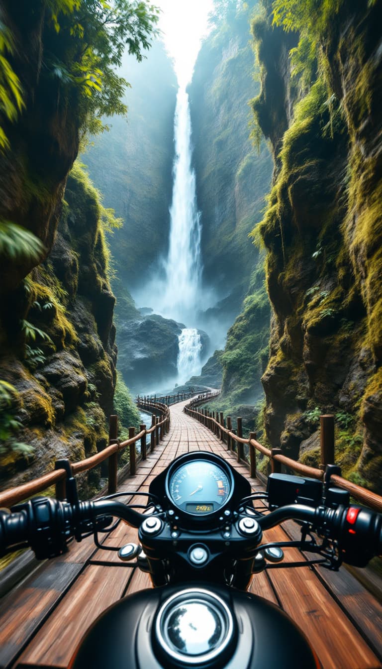 AI generated: "First-person POV from a motorcyclist riding a speeder bike on a narrow wooden bridge road through a...