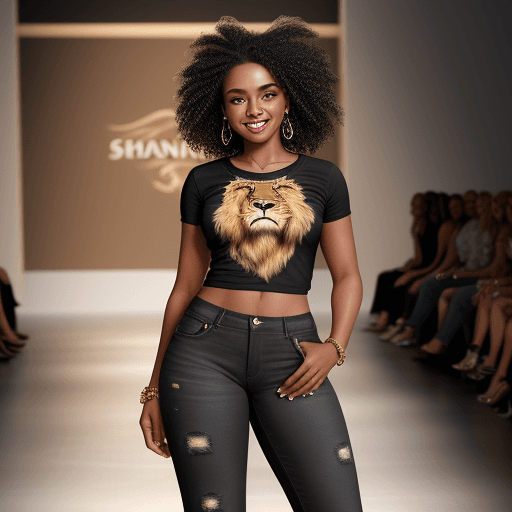 AI generated: Photo of a ultra realistic fashion show drawing glamorous smiling black woman wearing lion print shr...