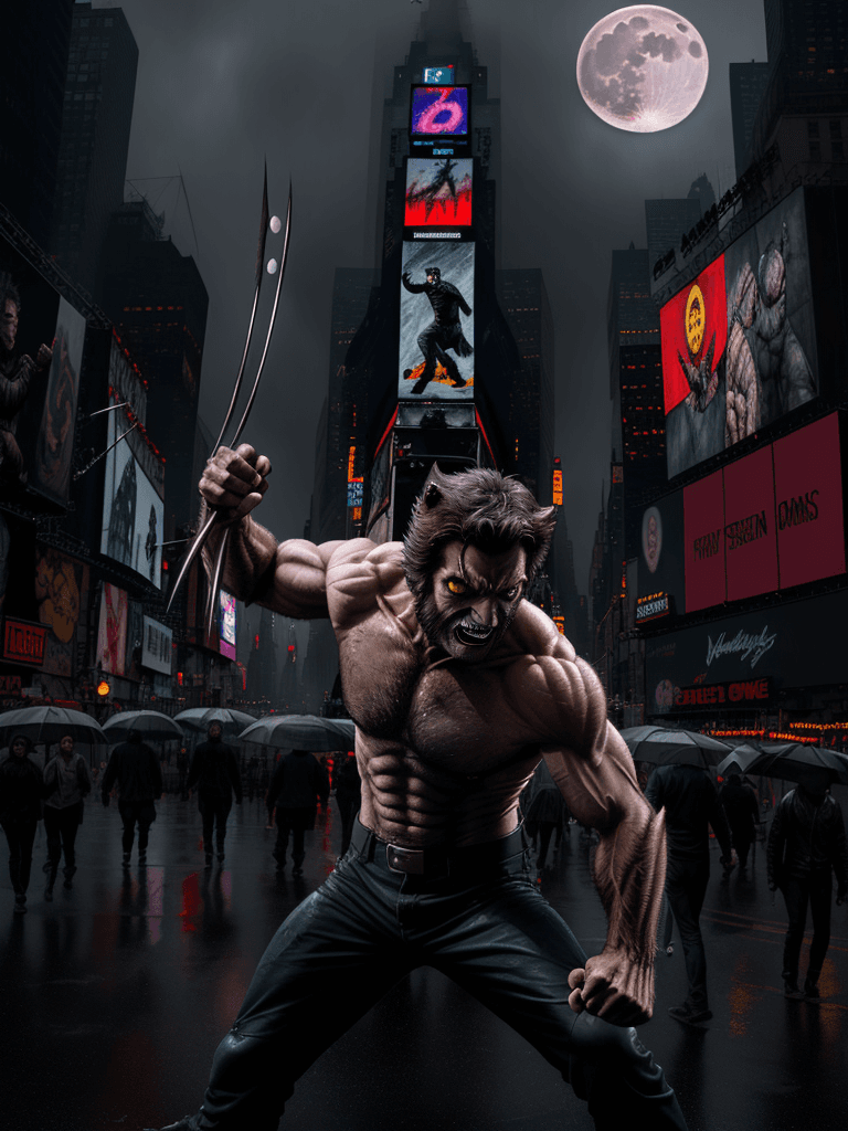 AI generated: wolverine fighting jason voorhees, times square, full moon, cloudy, foggy, raining, 
