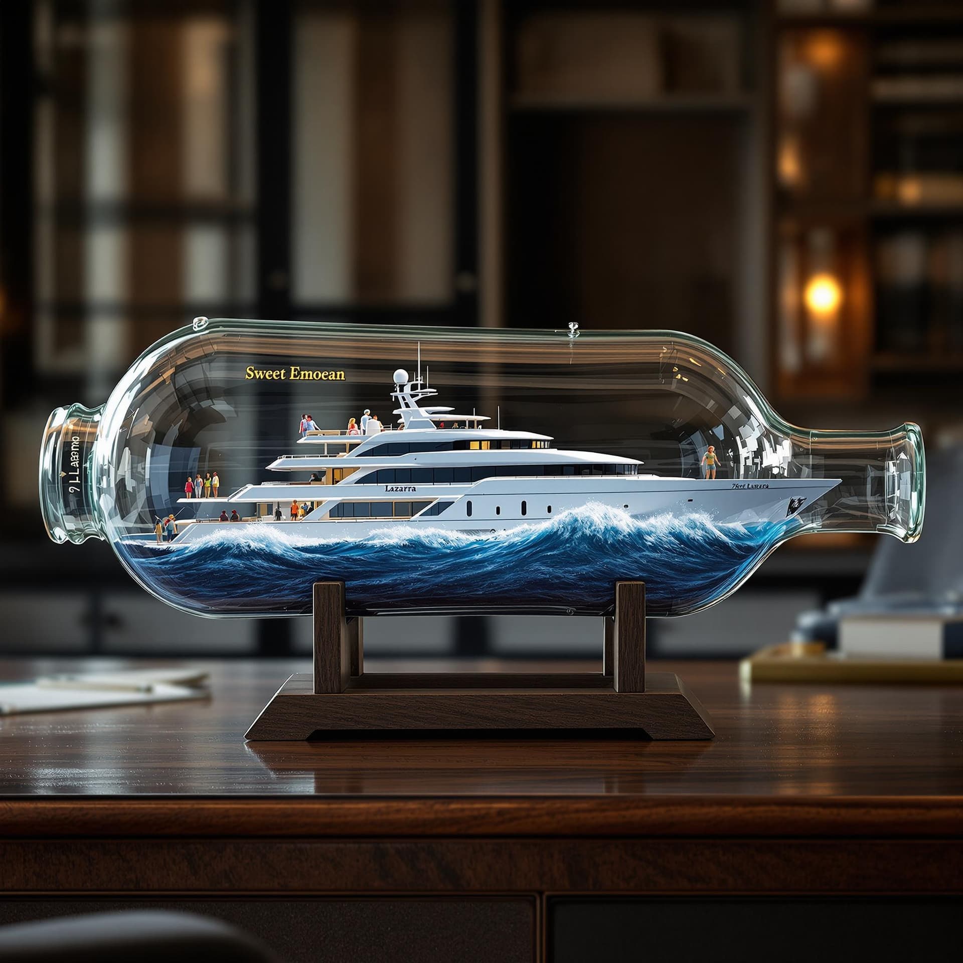 AI generated: A realistic ship in a bottle, featuring a ((2005 76-foot Lazarra enclosed fly bridge)) luxury super ...