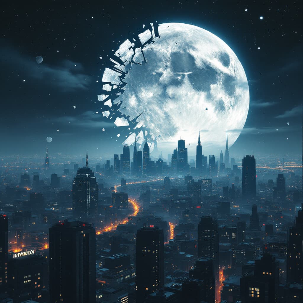 AI generated: sci-fi neo tokyo, in the style of akira, city skyline with part of the moon shattered and pieces of ...