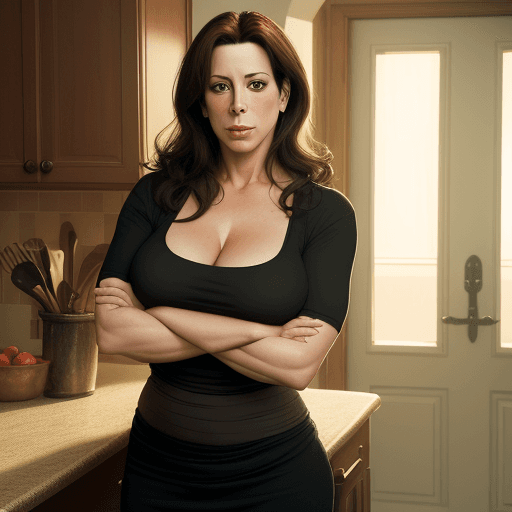 AI generated: (Attractive young Jane Kaczmarek) ((mature big body) ), (bikinni) , in kitchen ((with arms crossed o...