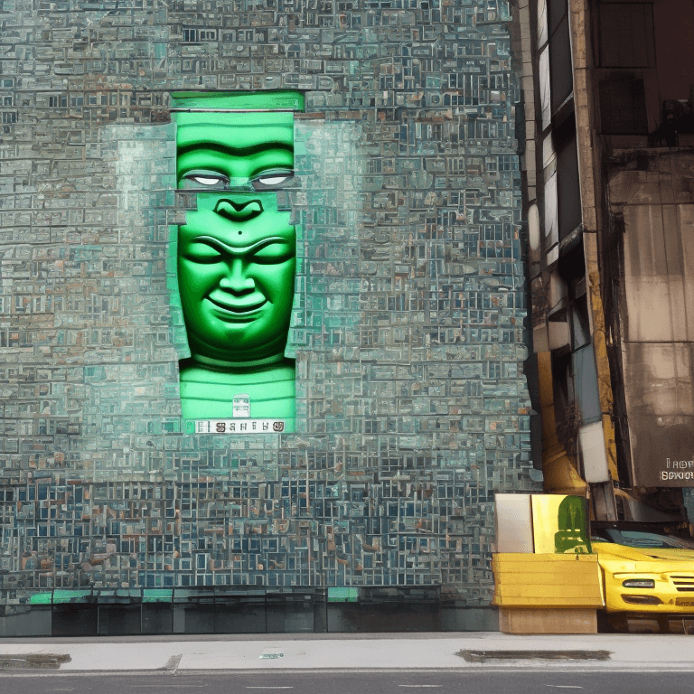 AI generated: Invincible Hulk has the face of Buddha in the downtown area of the building
