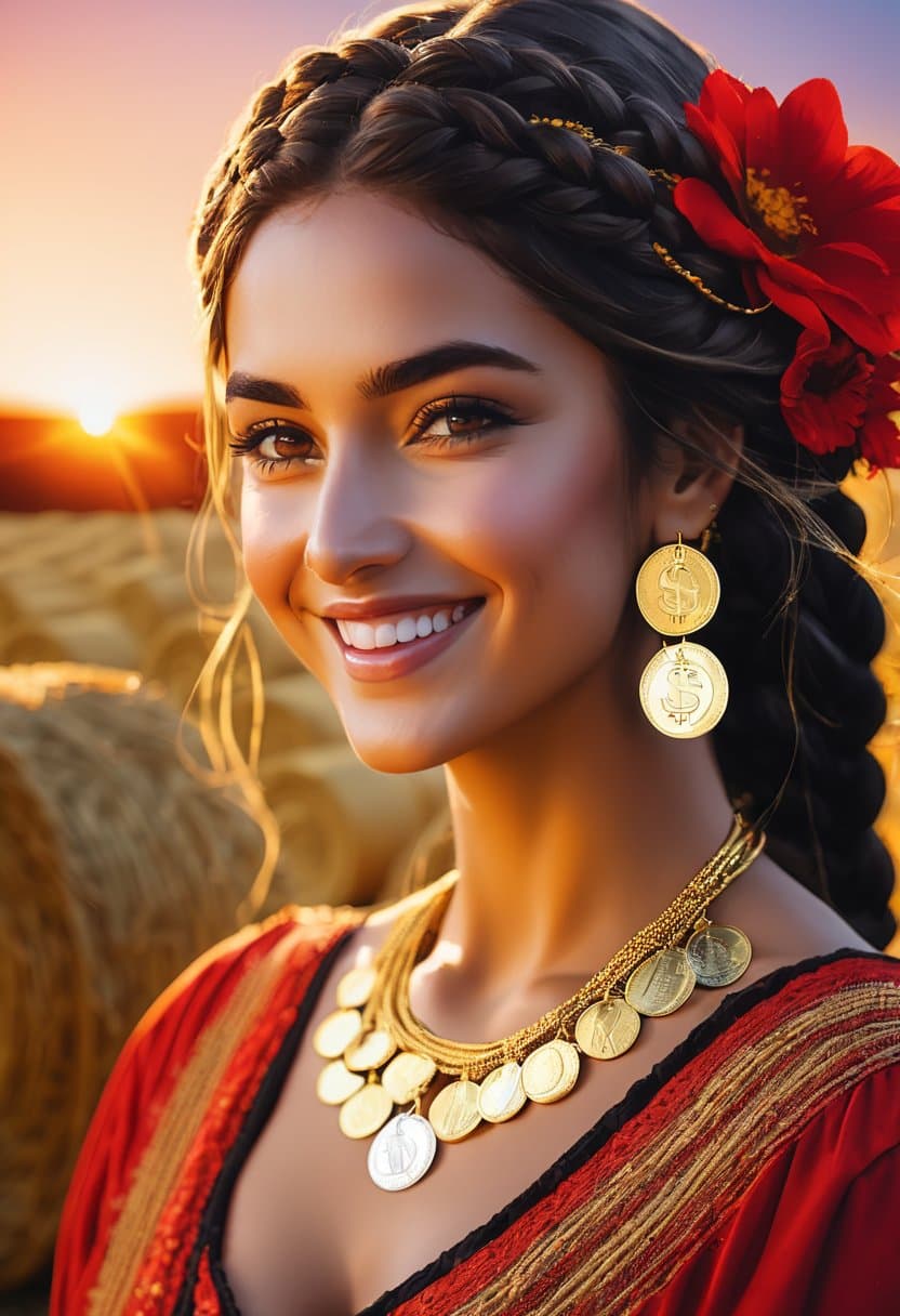 AI generated: A portrait of a Gipsy woman with braided hair and gold coins in her hair, red flowery dress, multipl...