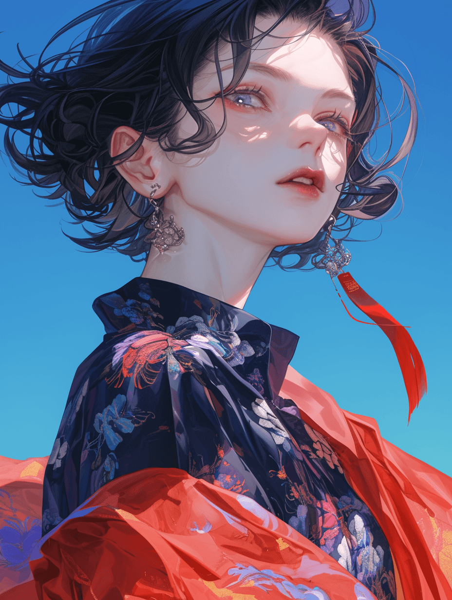 AI generated: shorthaired anime girl, wearing flowing fabric shirt, wearing earrings, shot in Looking up perspecti...