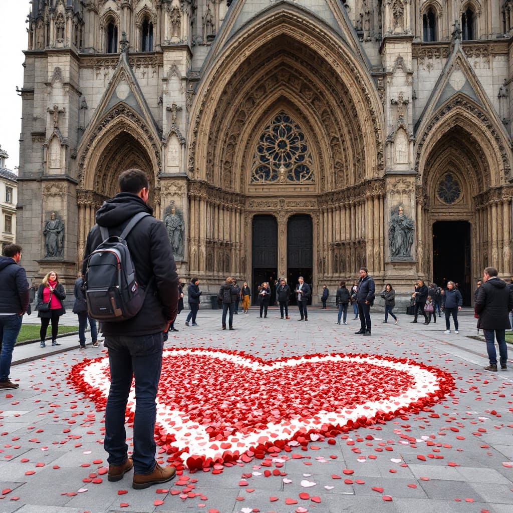 AI generated: Hazme un corazón pisoteado en frente de una catedral. Tiene que verse un CORAZÓN real en el suelo pi...