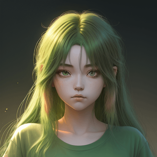 AI generated: girl with green hair highlights in small translucent t-shirt, long brown hair, in the style of hyper...