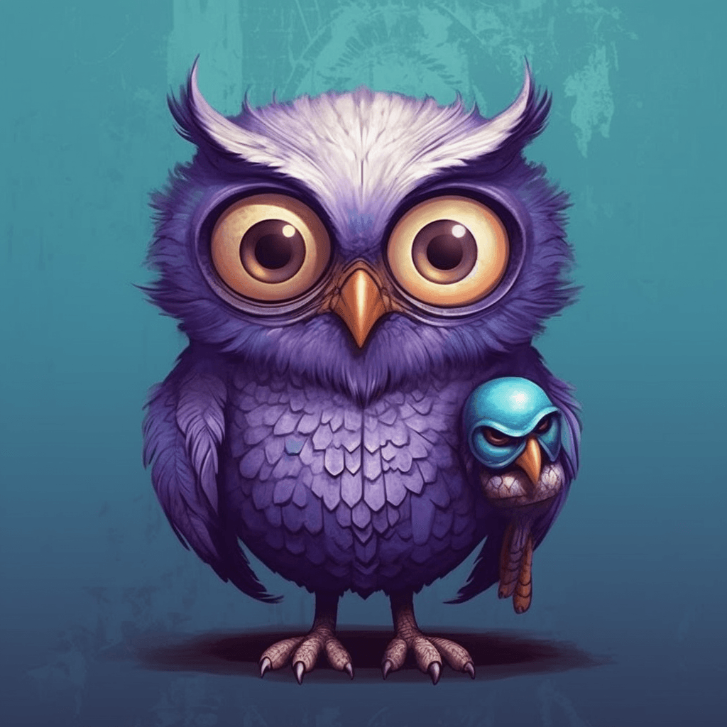 AI generated: A 3D character half cat half owl detailed and Atelier Populaire style, ocean violet background::2, a...