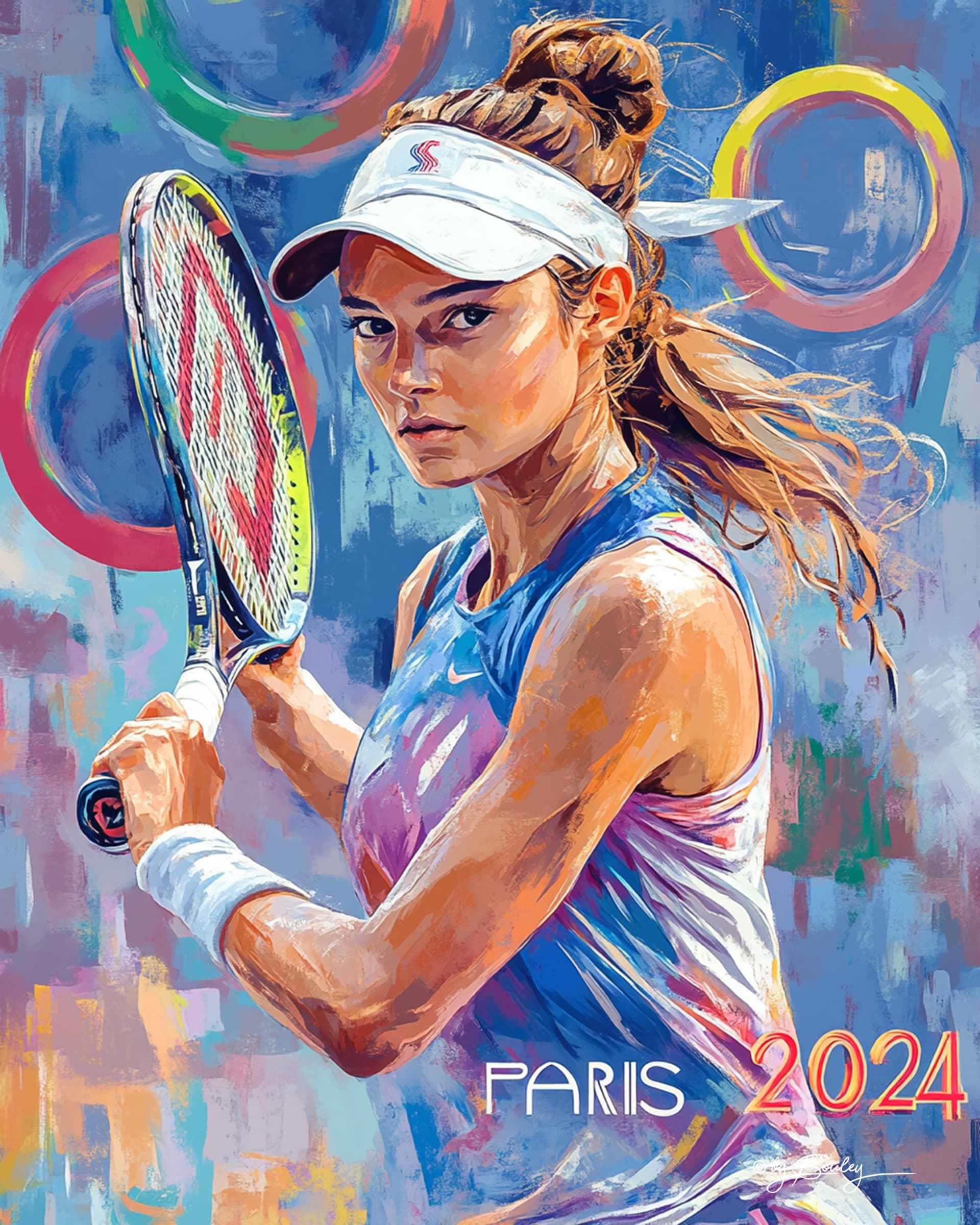 AI generated: Women's Tennis, wearing France colors, at the Paris Olympics, Gaspare Caramello transconceptual art'...