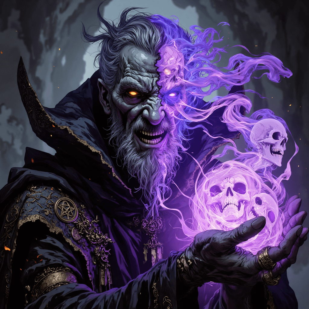 AI generated: A close-up, bust-framed portrait of a powerful, malevolent sorcerer. Half of his face is human—sharp...
