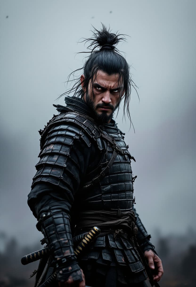 AI generated: samurai warrior facing forward, intense and humble expression, full face visible, no helmet, messy t...