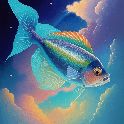 AI generated: This amazing fish with rainbow skin color, sparkling and sparkling, in the clouds, the brilliant pai...