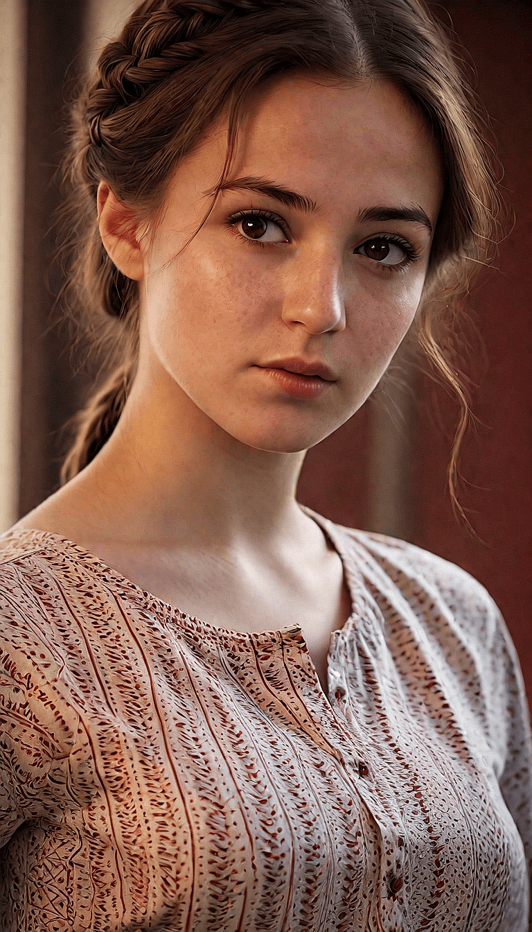 AI generated: S detailed portrait of a young woman with light brown hair styled in a crown braid and loose strands...