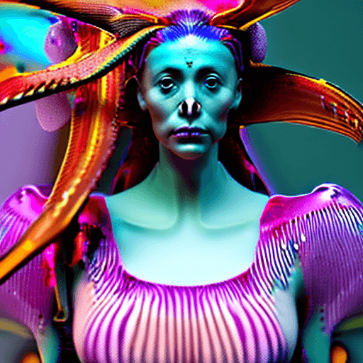AI generated: Goddess close-up portrait ribcagel. jellyfish phoenix head, nautilus, orchid, skull, betta fish, bio...