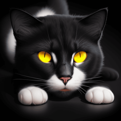 AI generated: a black and white cat with yellow eyes and a black mark under the nose like a hittler mustache layin...