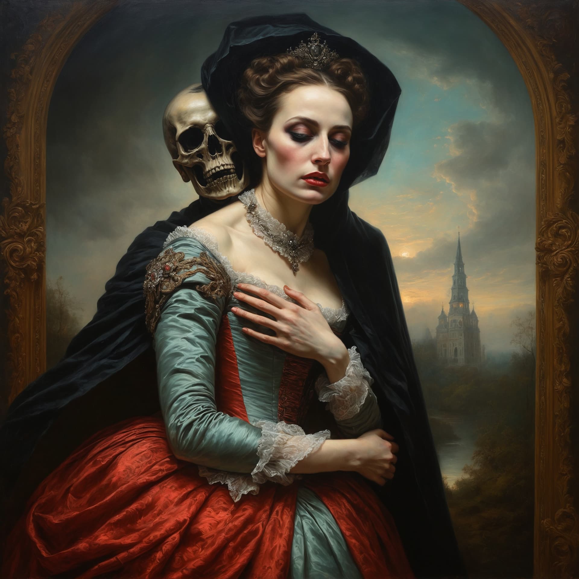 AI generated: a painting of a regal woman being hugged from behind by an evil specter, horrifying, by Mariusz Lewa...