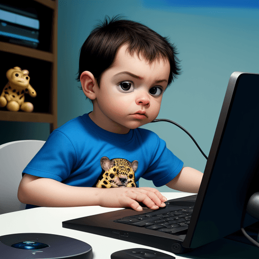 AI generated: baby jaguar, with blue t-shirt, working in computer, trend pixar