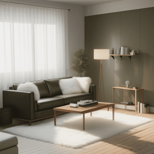 AI generated: small living room, minimalistic, Pinterest style, clean, sleek, 3d rendered, ultra-realistic, olive ...