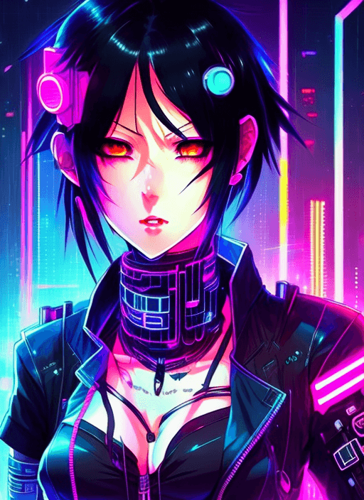 AI generated: A beautiful black haired cyberpunk waifu, an anime drawing, trending on Artstation, serial art,  at ...