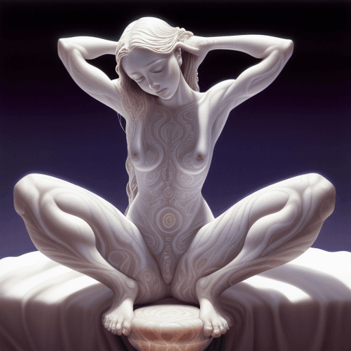 AI generated: a naked woman sitting on a bed with her hands behind her head and her right hand on her head, Alex G...