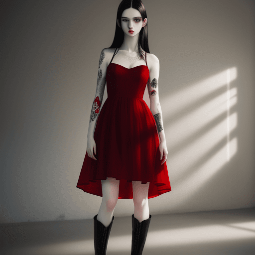 AI generated: [photography], [a perfect female, pale skin, dark hair], clear eyes, wearing red dress and black boo...