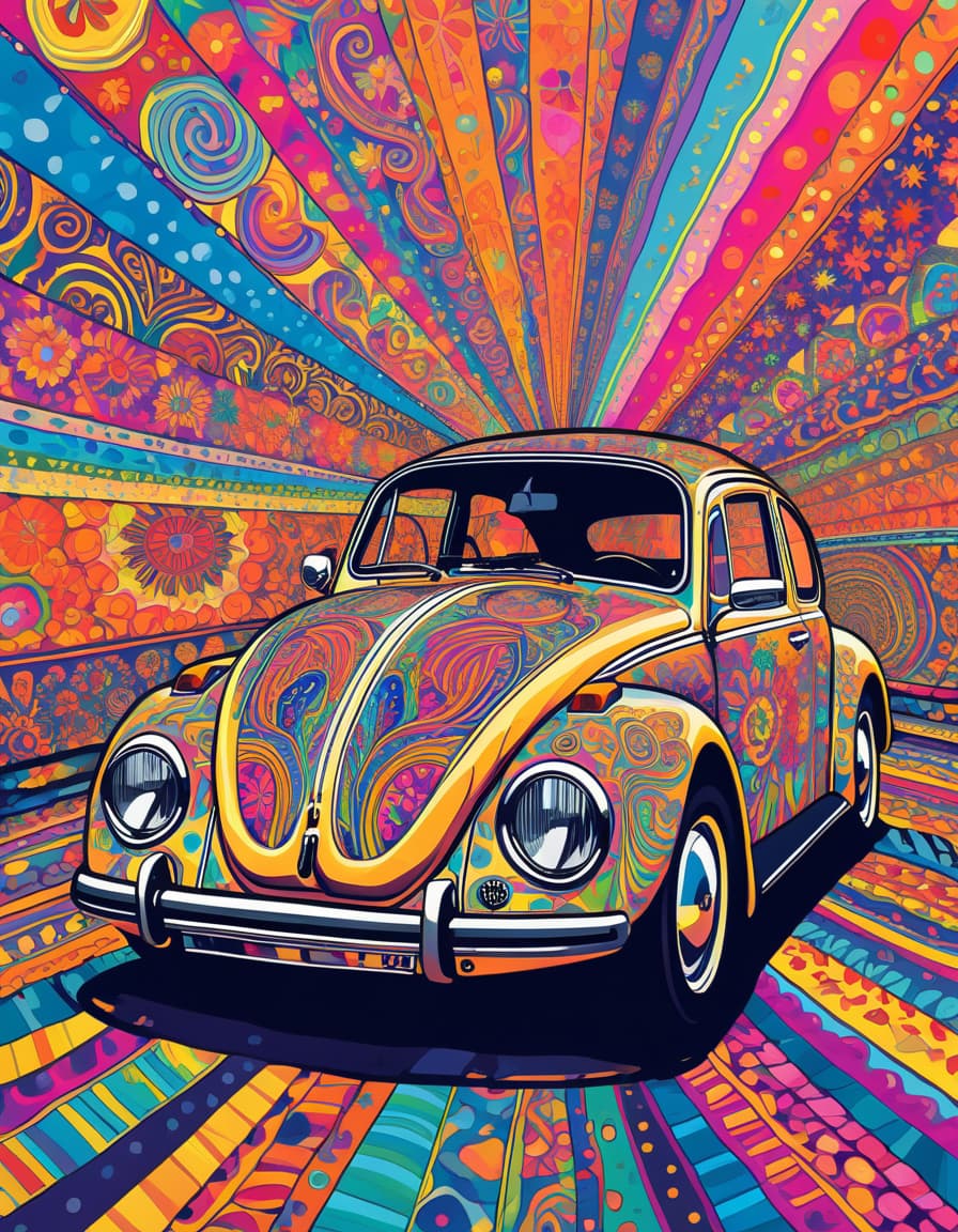 AI generated: a VW Beetle in the style psychedelic art contemporaryart art painted, vivid colors, 