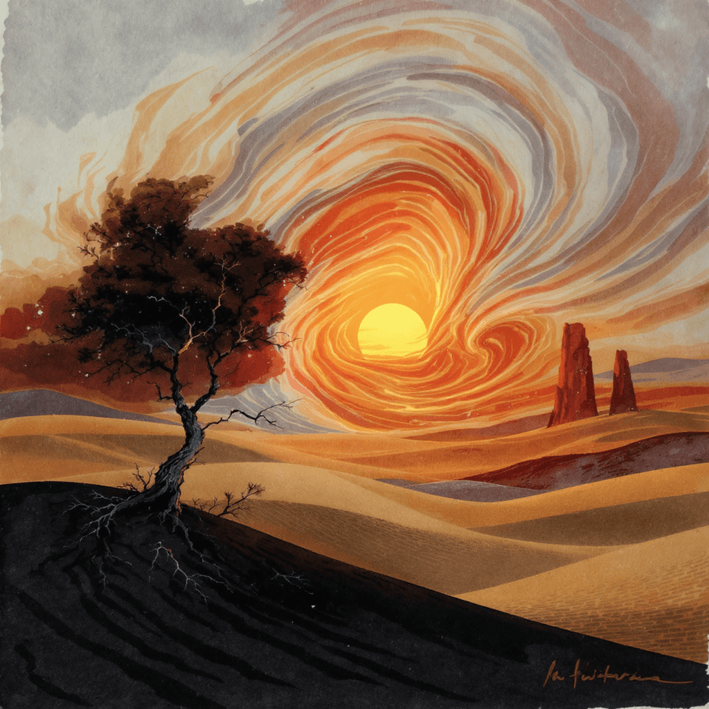 AI generated: Medium: Wet-on-wet Blended and Layered watercolor painting, Subject: swirling sandstorms, a lone, wi...