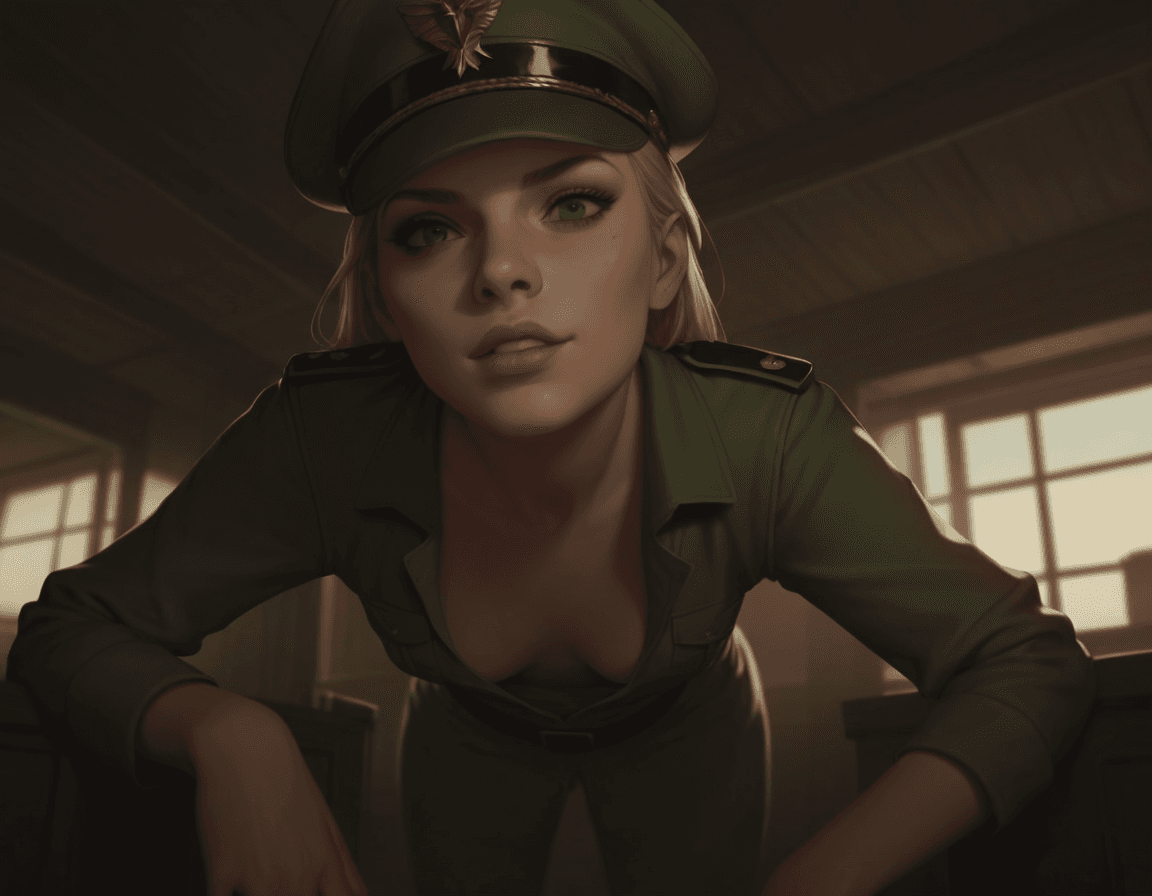 AI generated: score_9, score_8_up, score_7_up, soldier girl, pinup, inside, boobies_uniform, headwear, looking at ...
