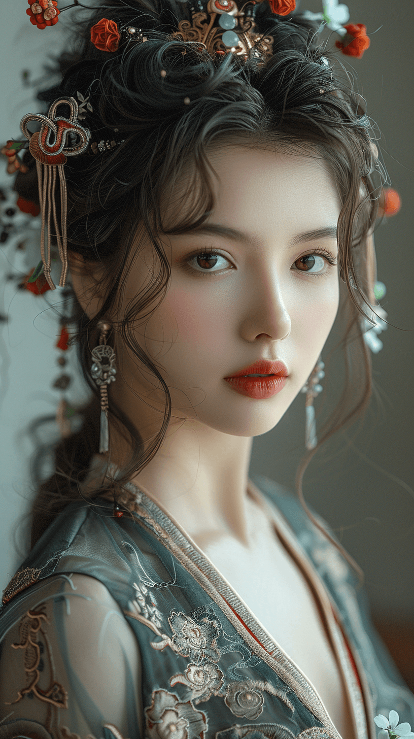 AI generated: Chinese ancient costume women, beautiful faces, clear textured skin, realistic photography, cloudy a...