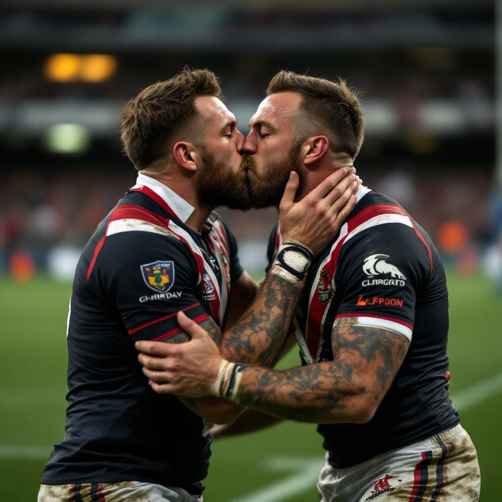 AI generated: two rugby men kissing on a rugby field