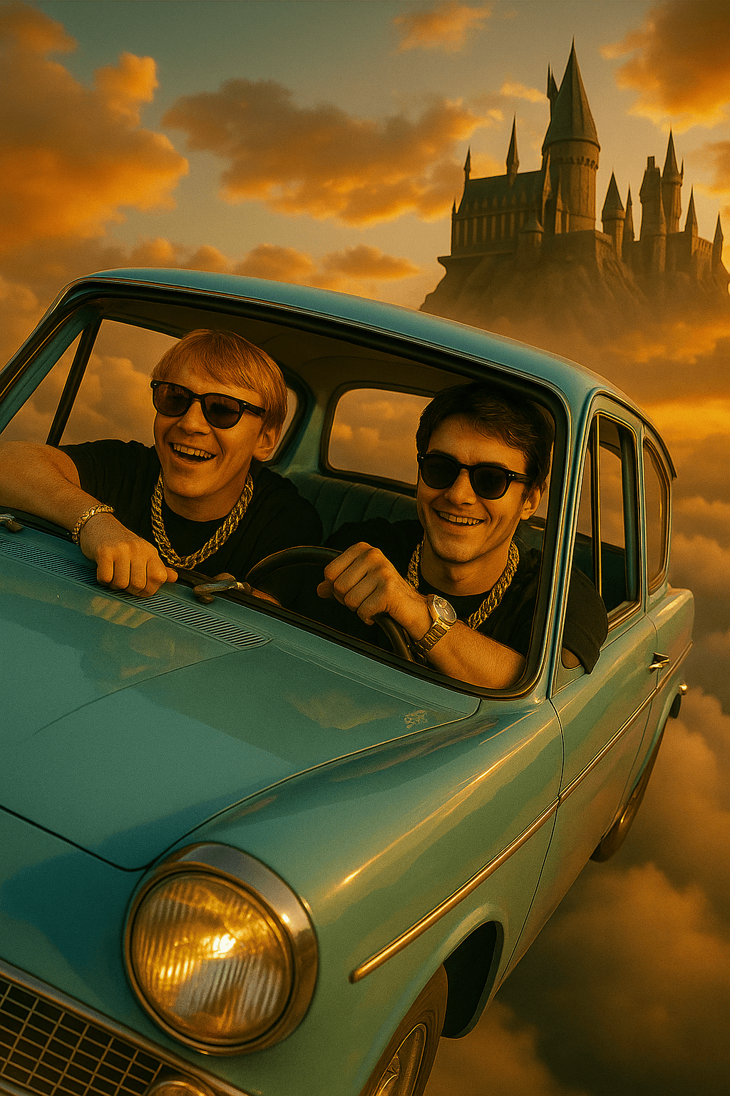 AI generated: Cena:

Recriação da icônica cena em que Harry Potter e Ron Weasley pegam o carro voador azul e lev...