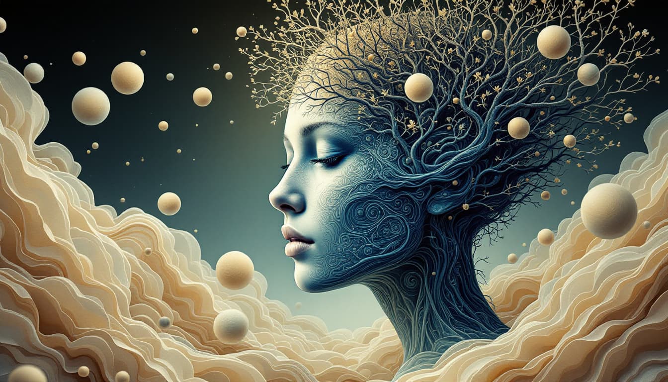 AI generated: Surreal digital artwork featuring a side profile of a human face integrated with abstract elements. ...