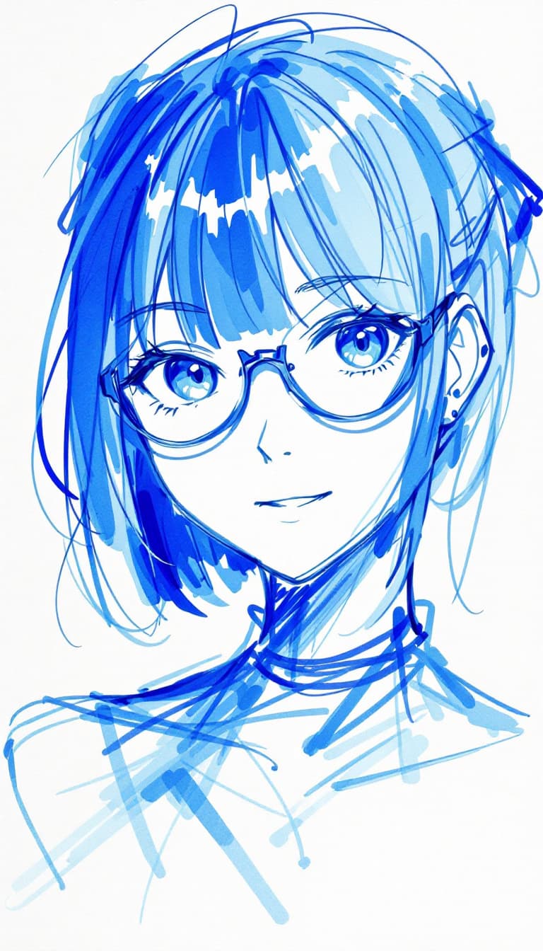 AI generated: girl, blue pen drawing, sketch, anime, expressive