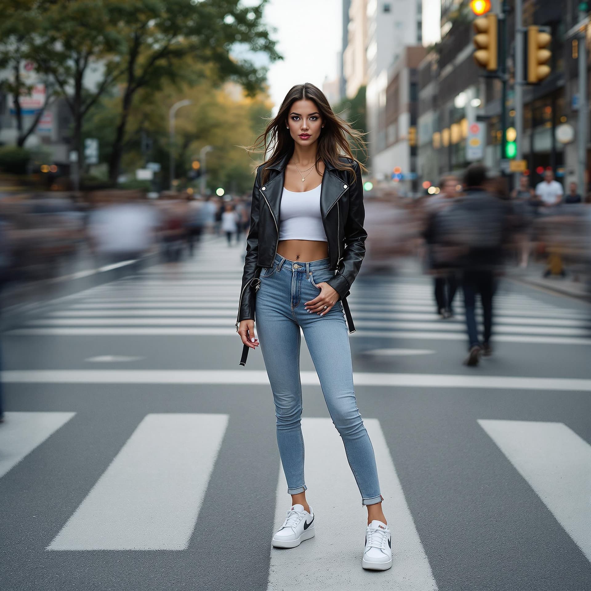 AI generated: photography, 20 woman, pro model, natural pose moment, wearing small text logo with a cropped leathe...