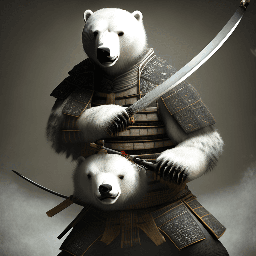 AI generated: in a dark roon, a photo of a realistic samurai polar bear with a katana in his hands in a fighting s...