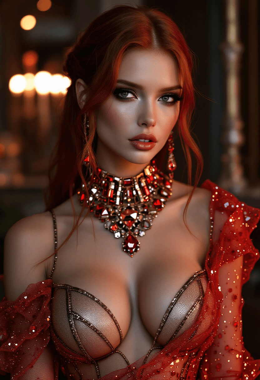 AI generated: 5' 5" red head abbey lee kershaw look alike smokey eyes, heavy make-up, 
wearing the most outrageous...