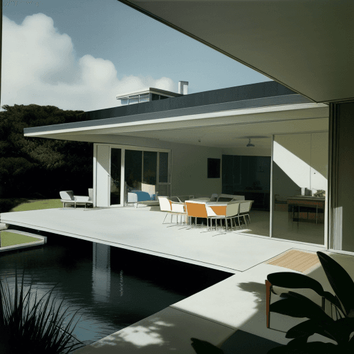AI generated: Hyper realistic eye level exterior photo of a mid century modern style house overlooking the ocean, ...