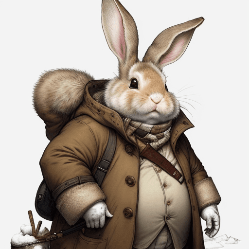 AI generated: painting by  jean - baptiste monge of a small fat Rabbit adventurer dressed in a warm overcoat with ...