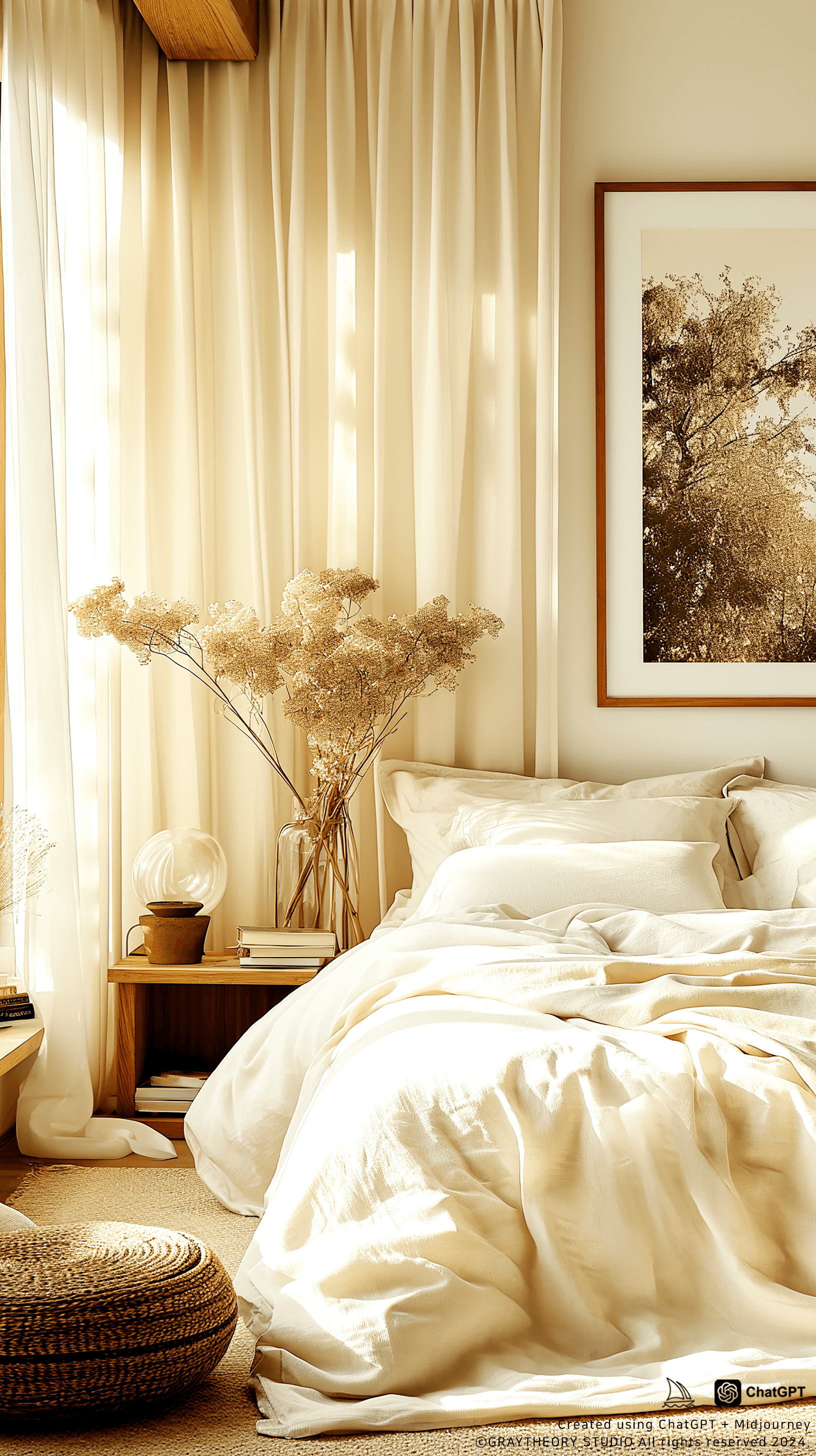 AI generated: cinematic, canon EOS 5d, minimalist apartment bedroom, modernism furnishings, beige and white tone, ...