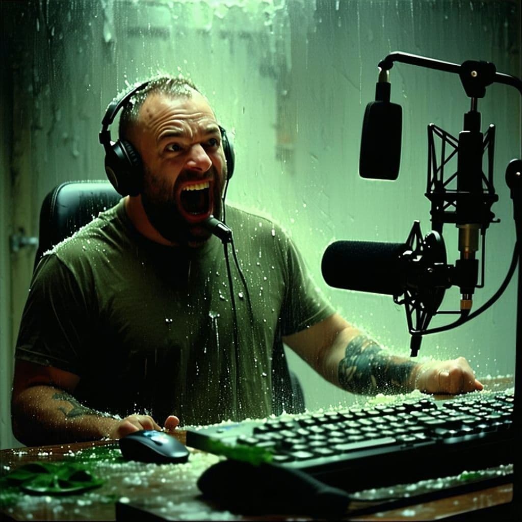 AI generated: Joe Rogan catches a leprechaun breaking onto his set during a podcast and chases after it in a panic...