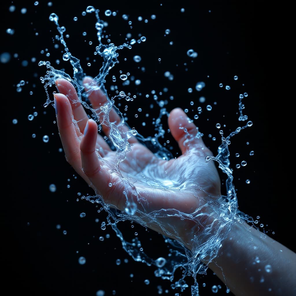 AI generated: raw reallistic cinematic hand closeup of female stretch out from right side, and a water power comin...