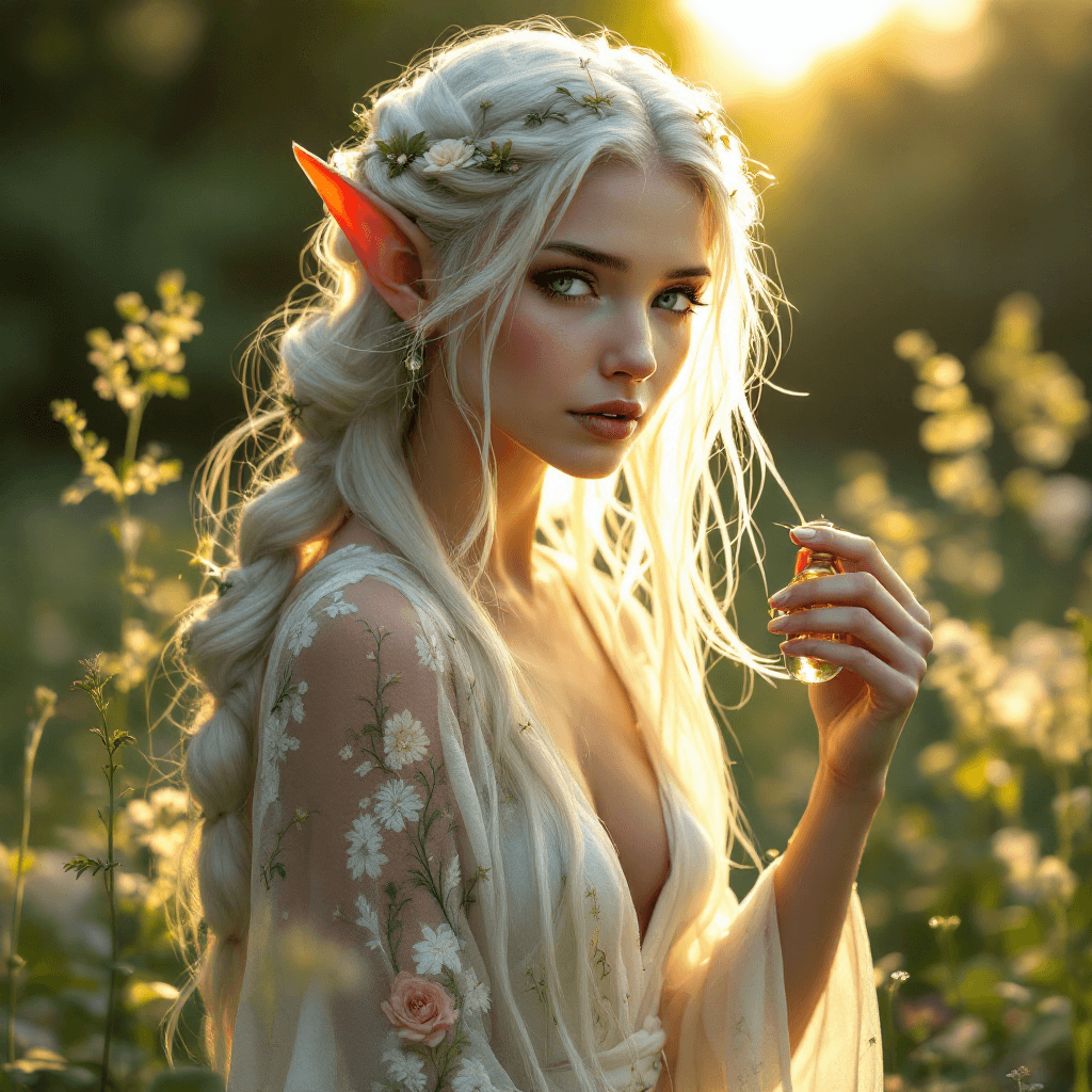 AI generated: An ethereal elf with flowing, platinum blonde hair styled into a loose, intricate braid that cascade...