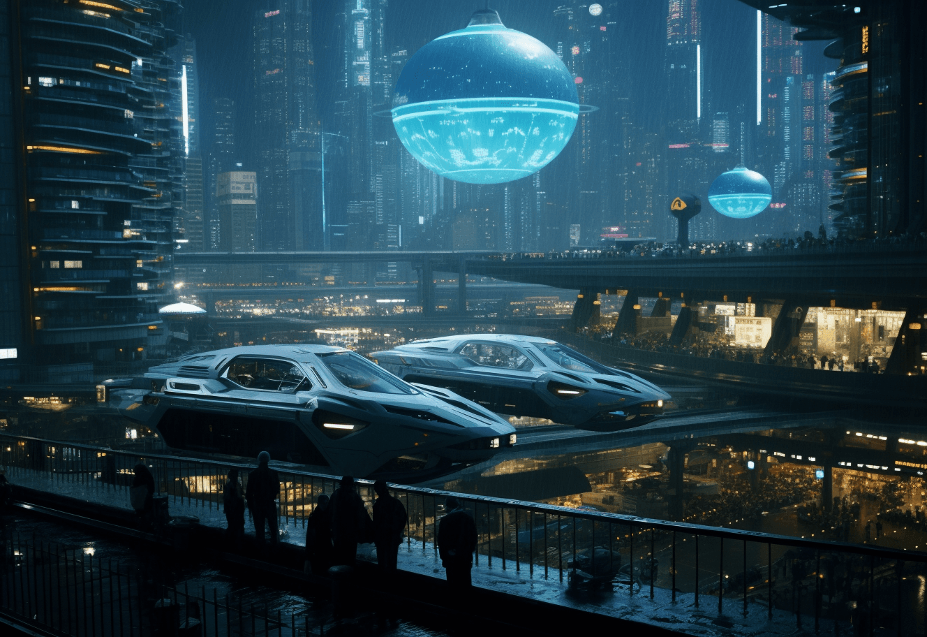 AI generated:  still from the movie Blade Runner shows flying cars in a futuristic city at night. The building has...