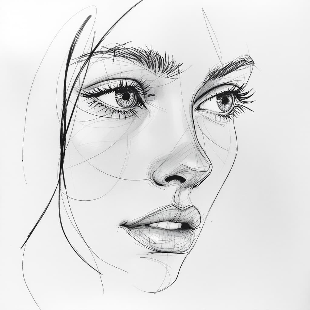 AI generated: sketch of a woman's face, expressive line-work, in the style of beautiful portraits --ar 35:64 --sty...